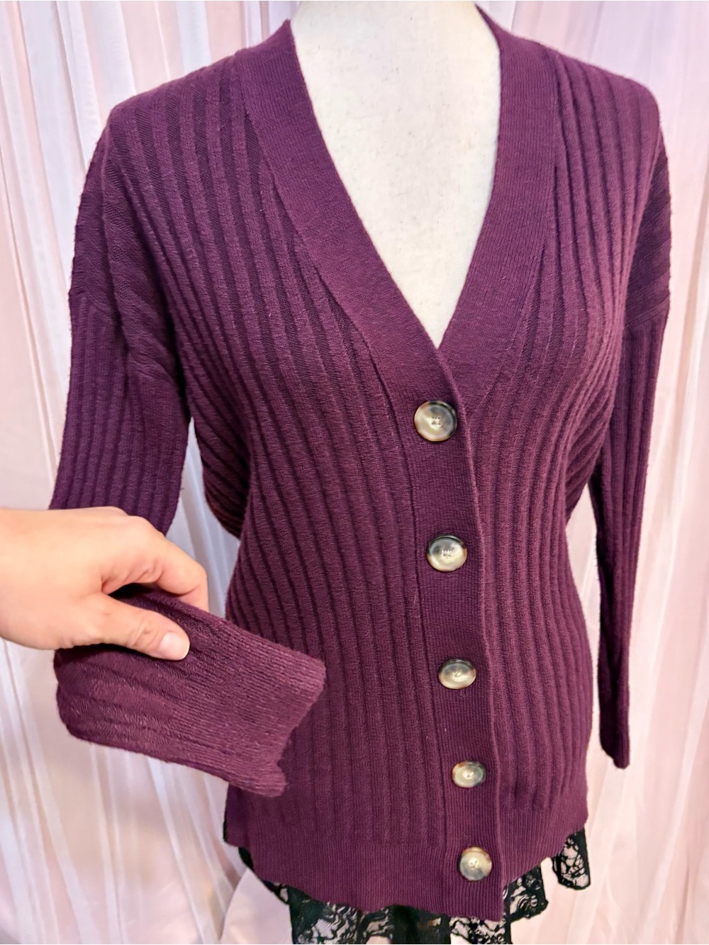 LOFT Plum Ribbed V-Neck Button Cardigan